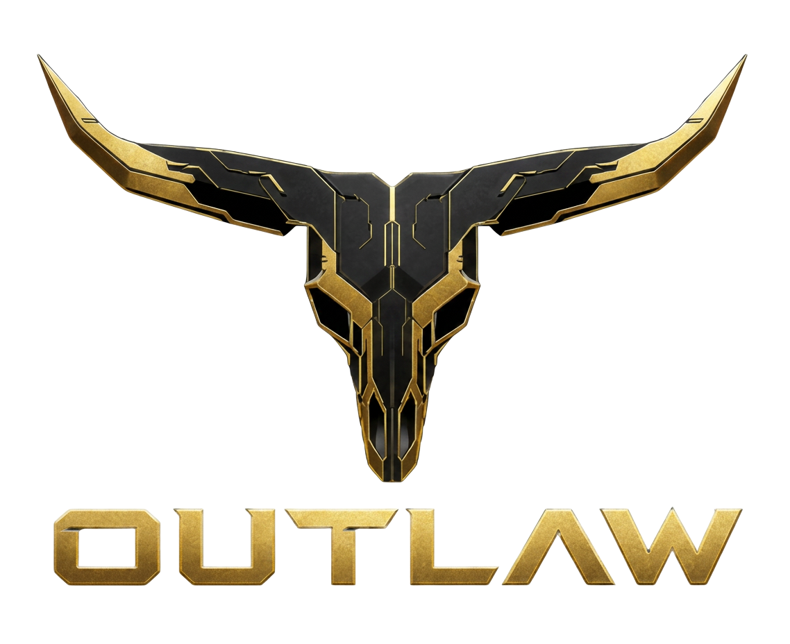 Outlaw logo — gold cybernetic longhorn skull